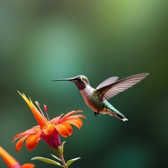 Fototapeta premium a vibrant hummingbird dances in front of an orange flower
