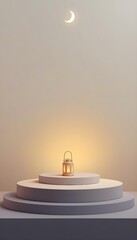 A glowing lantern on a minimalist platform with a crescent above background.
