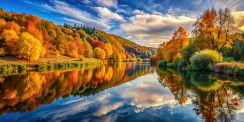 Obraz premium Golden leaves, tranquil Danube. Unposed autumn captures in Lobau National Park.