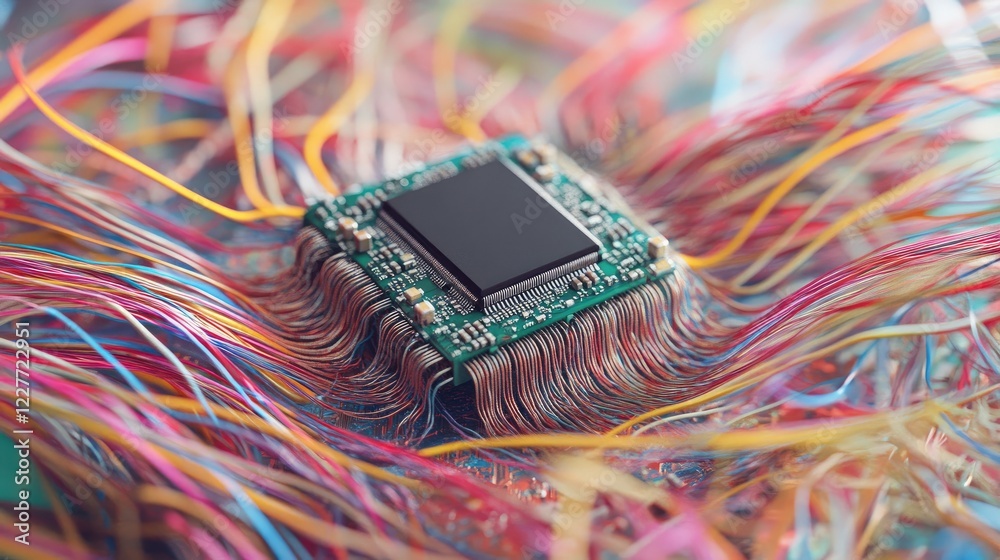 Poster Modern computer processor amidst colorful wires and fibers showcasing advanced technology and electronic engineering concepts