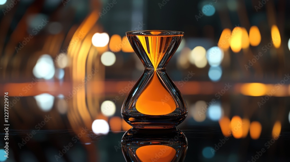 Poster Elegant hourglass on glossy surface highlighting intricate bokeh lights in the background, creating a mesmerizing artistic effect.