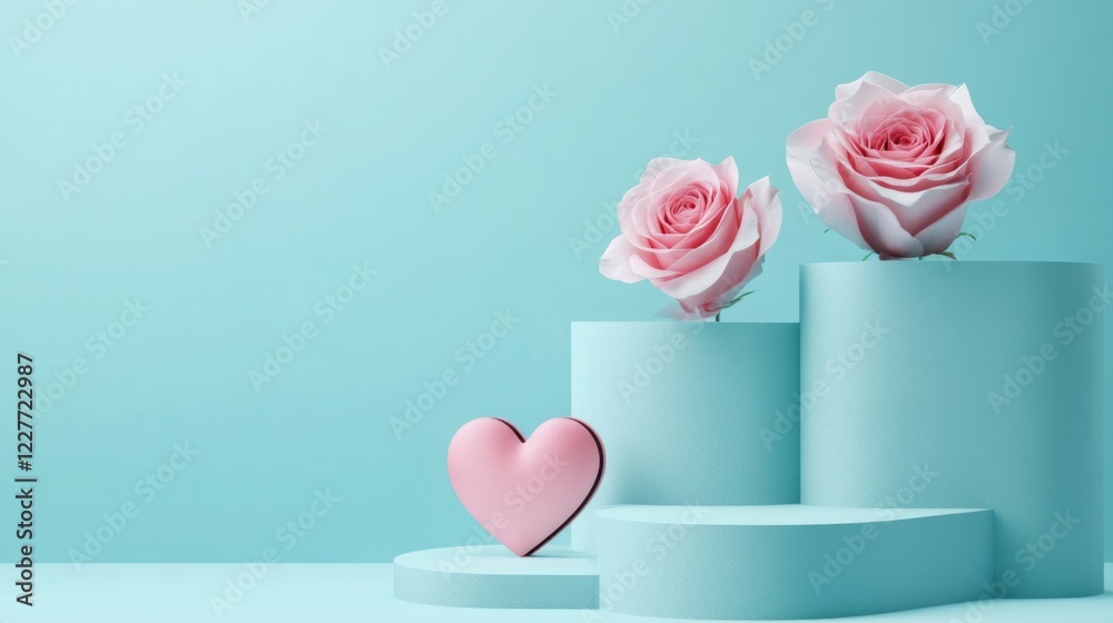 Poster roses on pastel blue heart-shaped podiums for valentine's day minimalist display with soft colors an