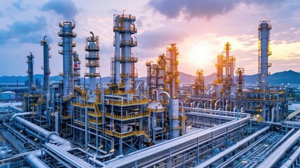 Fototapeta premium Industrial complex at sunset, showcasing towering structures and pipes against a colorful sky
