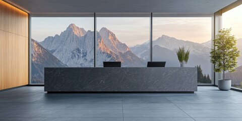Sophisticated hotel reception area with granite desk overlooking majestic mountain landscape and ample empty space for insertable text.