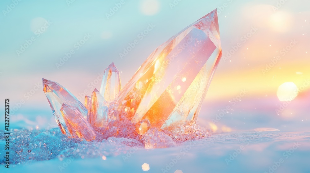 Poster Close up of quartz crystal reflecting light rays on soft blue bokeh background showcasing minimalistic design trends in digital abstract art