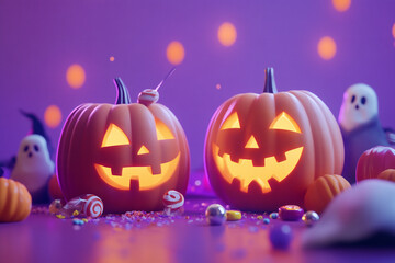 Spooky Halloween Gift Box with Glowing Jack-o'-Lanterns and Eerie Atmosphere Surrounded by Pumpkins and Autumn Leaves in a Mystical Night Scene