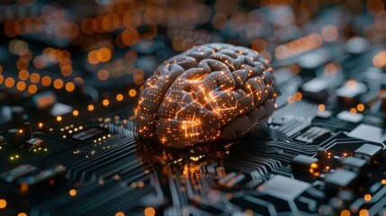A futuristic digital brain on a circuit board, symbolizing technology and artificial intelligence