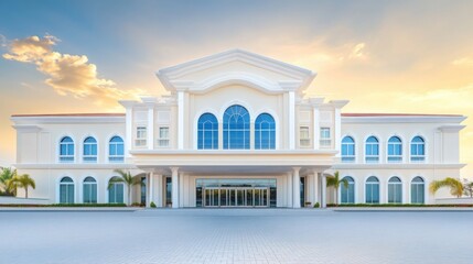 Fototapeta premium A luxurious hotel exterior during sunset, with warm golden hues illuminating the building
