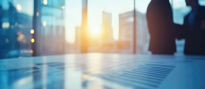 Engineers collaborating on construction site planning with a sunlit cityscape and empty copy space for text inclusion