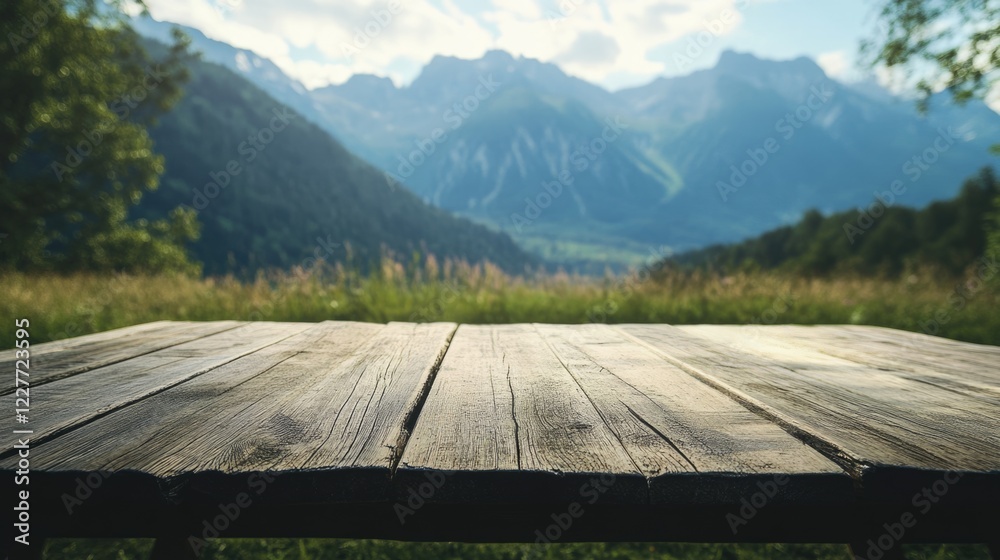 Aufkleber Rustic wooden table in serene outdoor setting with majestic mountains and lush greenery creating a refreshing and inviting atmosphere