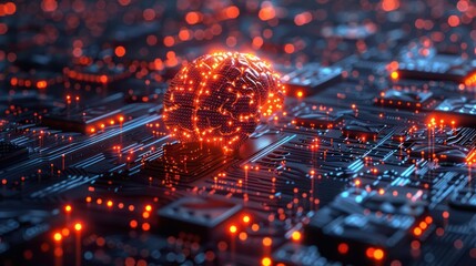 Abstract representation of a neural network on a circuit board with glowing connections
