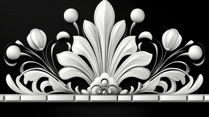 White floral design on black background, intricate detailing, symmetrical composition, elegant and ornate style, 3D effect, architectural ornament