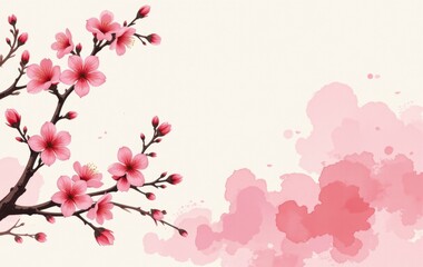 Delicate Pink Cherry Blossom Branch with Watercolor Background Spring Floral Design