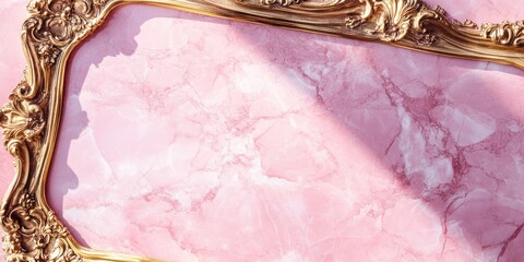 Elegant vintage golden frame casting soft shadows on pink marble background with ample empty space for text or artwork display.