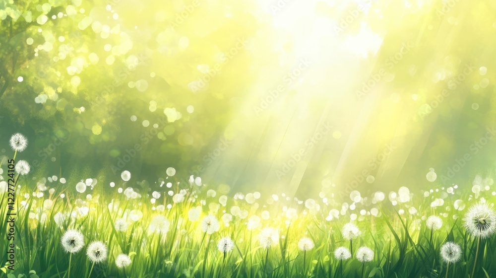 Aufkleber serene nature panorama featuring a grassy field with dandelions illuminated by sunlight creating a p