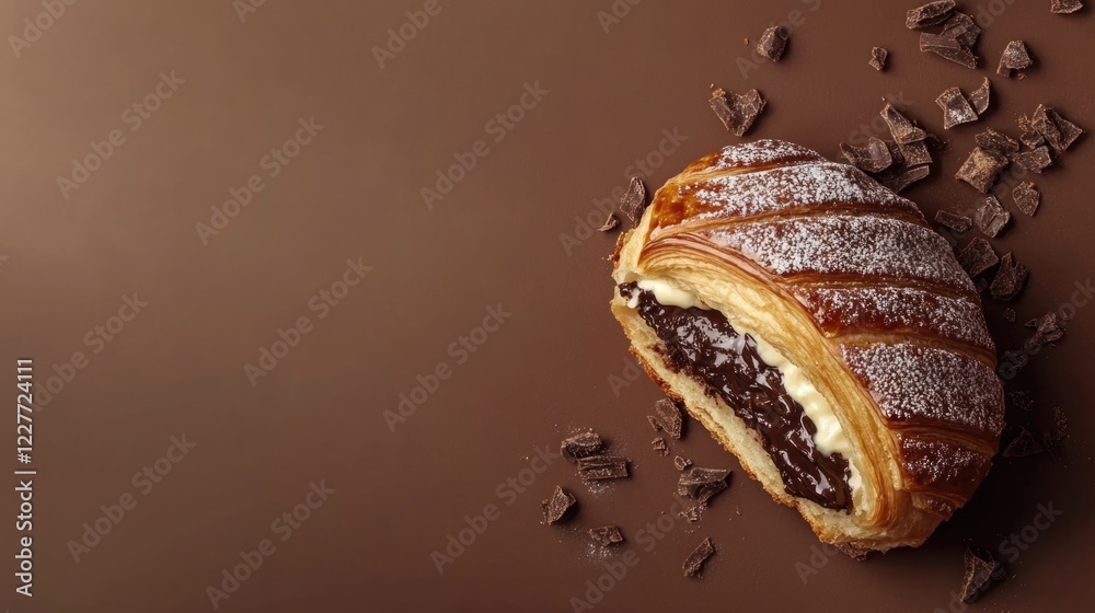 Poster chocolate croissant with creamy filling on brown surface healthy breakfast concept flaky layers and 