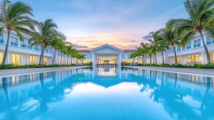 Fototapeta premium A luxurious hotel with a pristine pool surrounded by palm trees, illuminated by the warm glow of the sunset