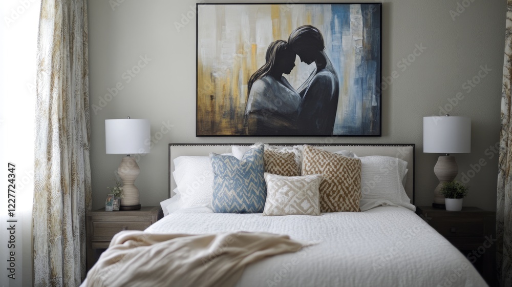 Poster serene bedroom with cozy elements and abstract artwork creating a relaxing atmosphere