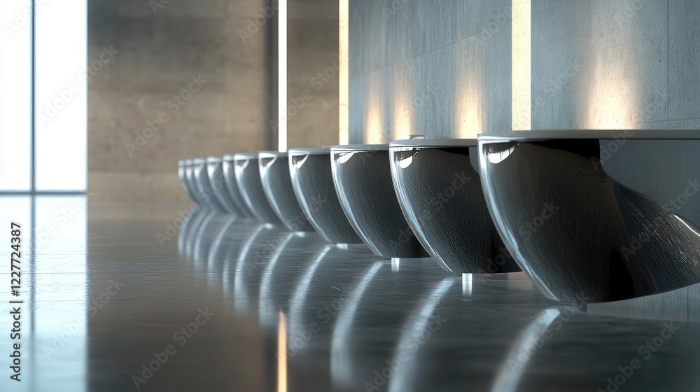 Aufkleber modern minimalist restroom featuring a row of sleek toilet bowls with reflective surfaces and contem