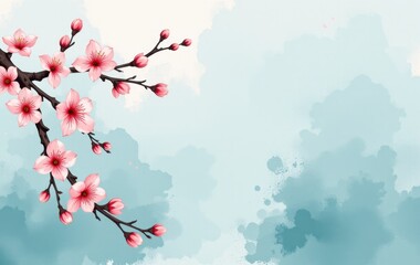 Delicate Pink Cherry Blossoms Branch on Soft Blue Watercolor Background Spring Floral Design
