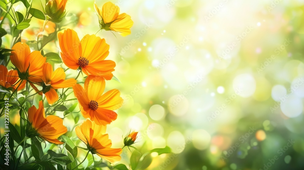 Poster Vibrant orange cosmos flowers on lush green leaves with soft blurred bokeh background creating an ethereal scene ideal for text overlay