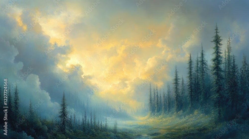 Poster tranquil dawn light illuminating a misty forest landscape with vibrant clouds and towering evergreen