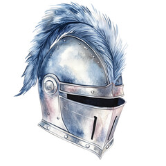 Detailed Artistic Representation of a Knight's Helmet Adorned With a Blue Plume Showcasing Medieval Craftsmanship