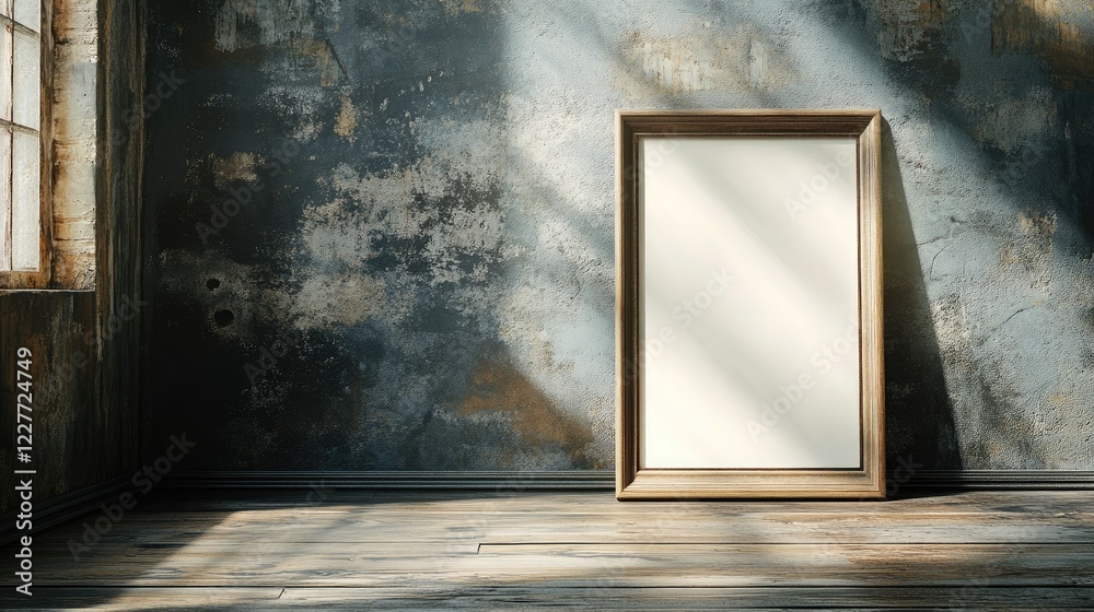 Poster sleek empty picture frame leaning on rustic wooden floor in a sunlit room with textured walls and dr