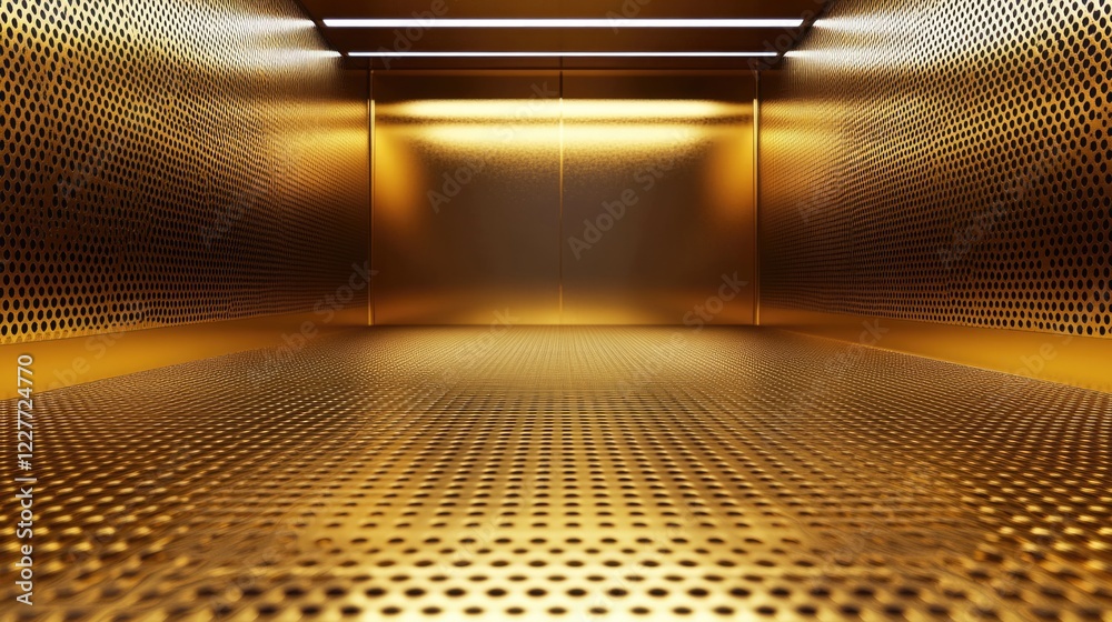 Poster Luxurious golden metal texture backdrop with perforated design creating an elegant and shiny interior space for artistic and commercial use.