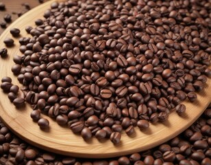 Fototapeta premium Richly colored coffee beans on a wooden platter, hue, richly, color