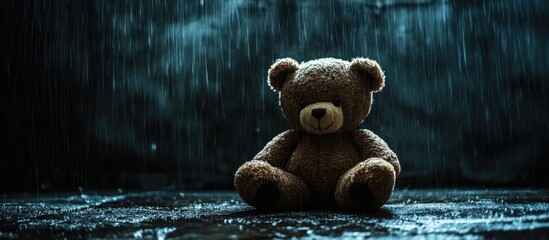 Solitary plush teddy bear in a rain-soaked room creating a moody atmosphere with space for text illustrating themes of nostalgia and loss