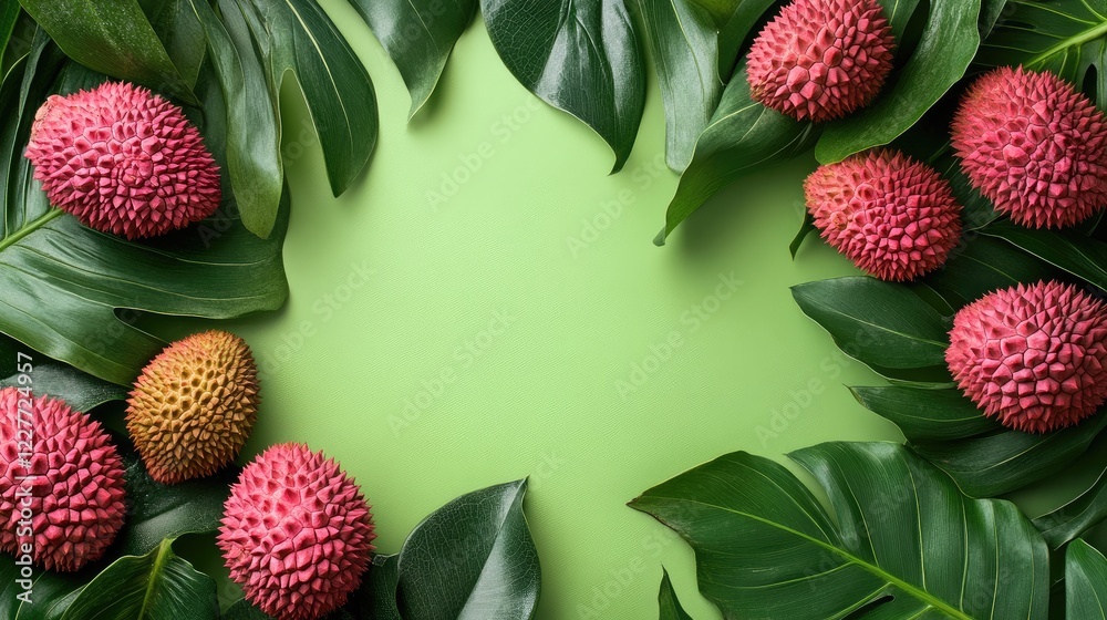 Poster vibrant lychee fruits surrounded by monstera leaves on green background with blank space for text or