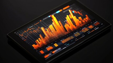 An interactive D bar chart on a financial analyst's tablet, showing real-time stock market data, with bars growing to represent profit increases.