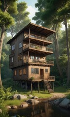 Remote wooden cabin on stilts surrounded by lush trees, nature, woodland, stilts