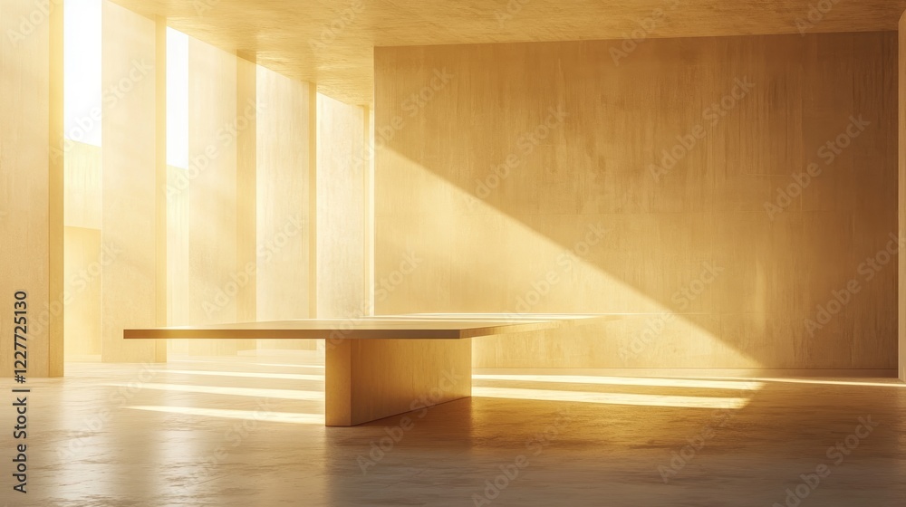 Poster modern conference room with minimalist design long table and soft golden light illuminating spacious