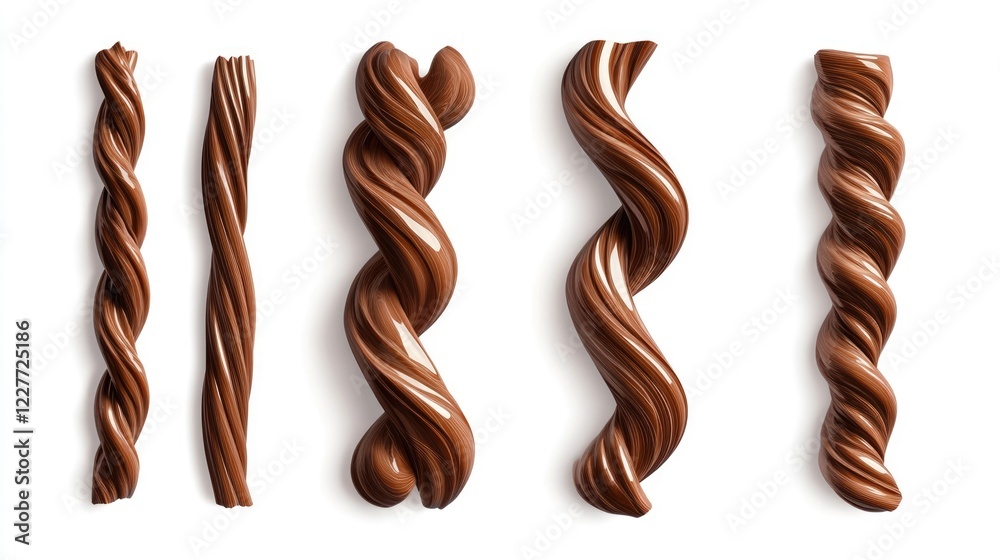 Poster collection of isolated twisted chocolate sticks on white background ideal for dessert and confection