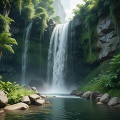 Refreshing landscape of cascading waterfall in green paradise, serene, green