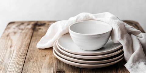 Elegant white ceramic dinnerware stacked on wooden table with soft linen, featuring ample copy space for text or branding.