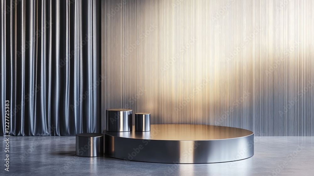 Poster modern metallic podium in a sophisticated indoor space featuring a polished surface and elegant curt