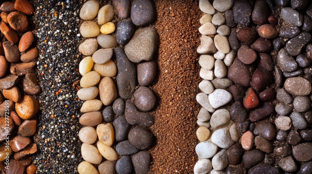 Poster Sorted arrangement of soil and pebbles showcasing variations in size and color for natural texture backgrounds or landscaping concepts