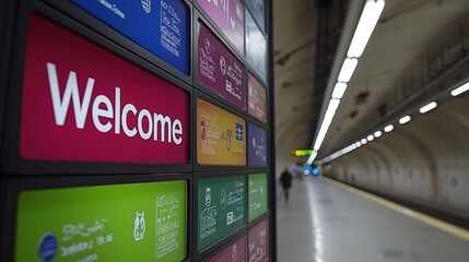 vibrant "Welcome" sign in multiple languages, showcasing the international nature of air travel. Airport signs, traffic signs, airport symbols 
