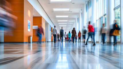Blurred motion of people walking through a modern hallway, showcasing activity, movement, and a sense of purpose in a contemporary architectural space