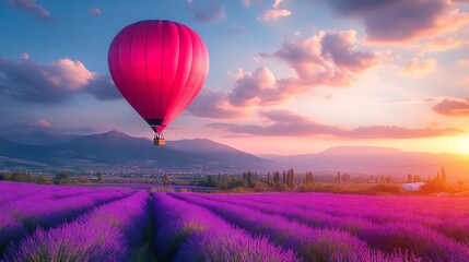 Fototapeta premium Hot air balloon ride over lavender fields at sunset.