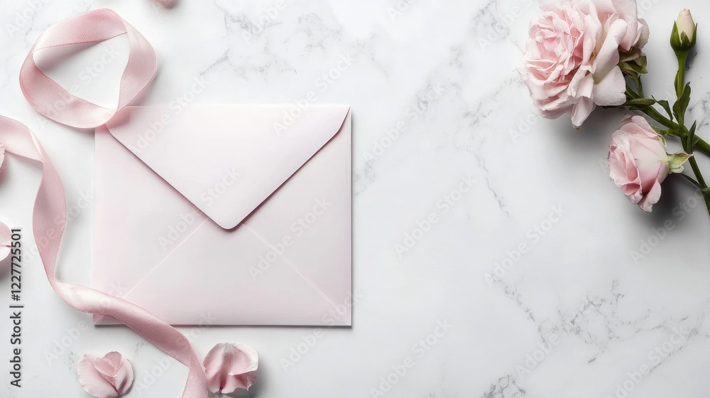 Poster elegant envelope mockup with pink ribbon and roses on a marble surface for branding and stationery d