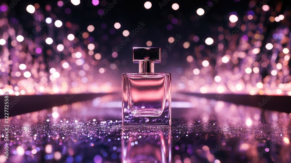 Poster elegant perfume bottle showcased on a glamorous runway with vibrant bokeh lights creating a luxuriou
