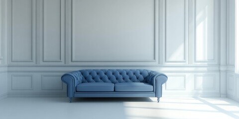 Elegant living room corner with blue sofa and bright empty wall space ideal for text or decor placement in modern interior design