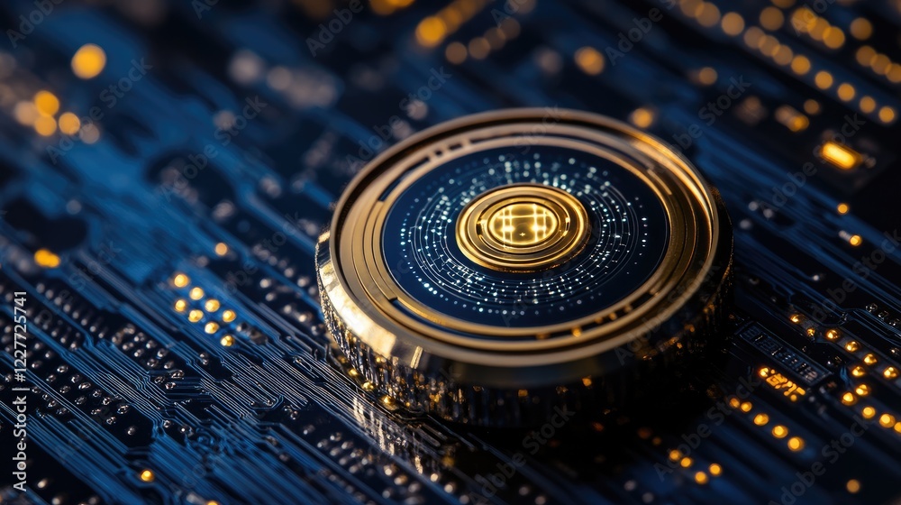 Poster Sleek Photon Challenge Coin on a Futuristic Circuit Board Background Representing Technology and Innovation