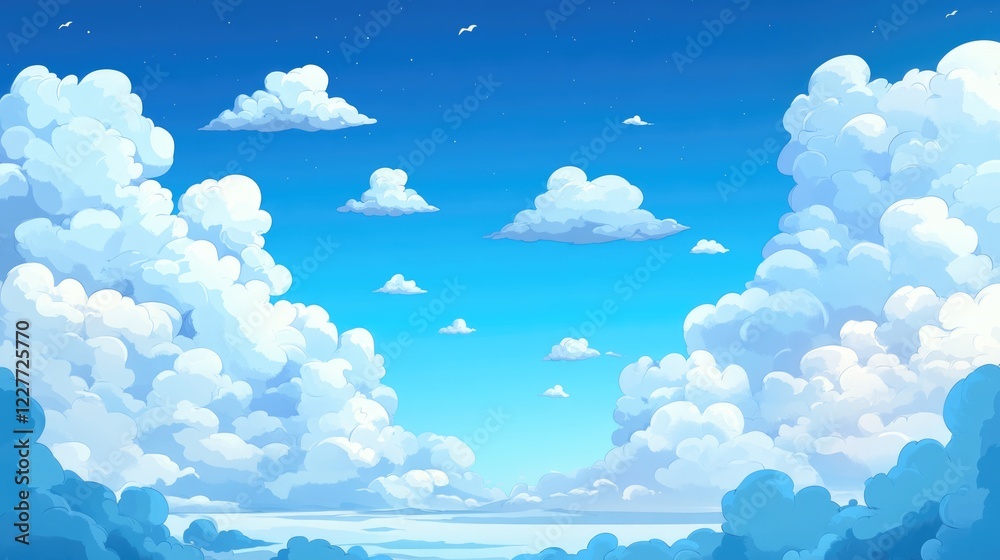 Poster serene blue sky background filled with fluffy white clouds and hints of distant birds for peaceful a