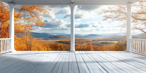 Scenic White Wooden Porch Overlooking Vibrant Autumn Hills and Cloudy Sky with Ample Copy Space for Creative Text or Marketing Use