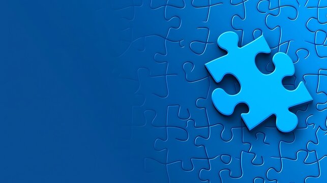Single bright blue puzzle piece stands out against a deep blue background of assembled pieces, symbolizing uniqueness and solution.